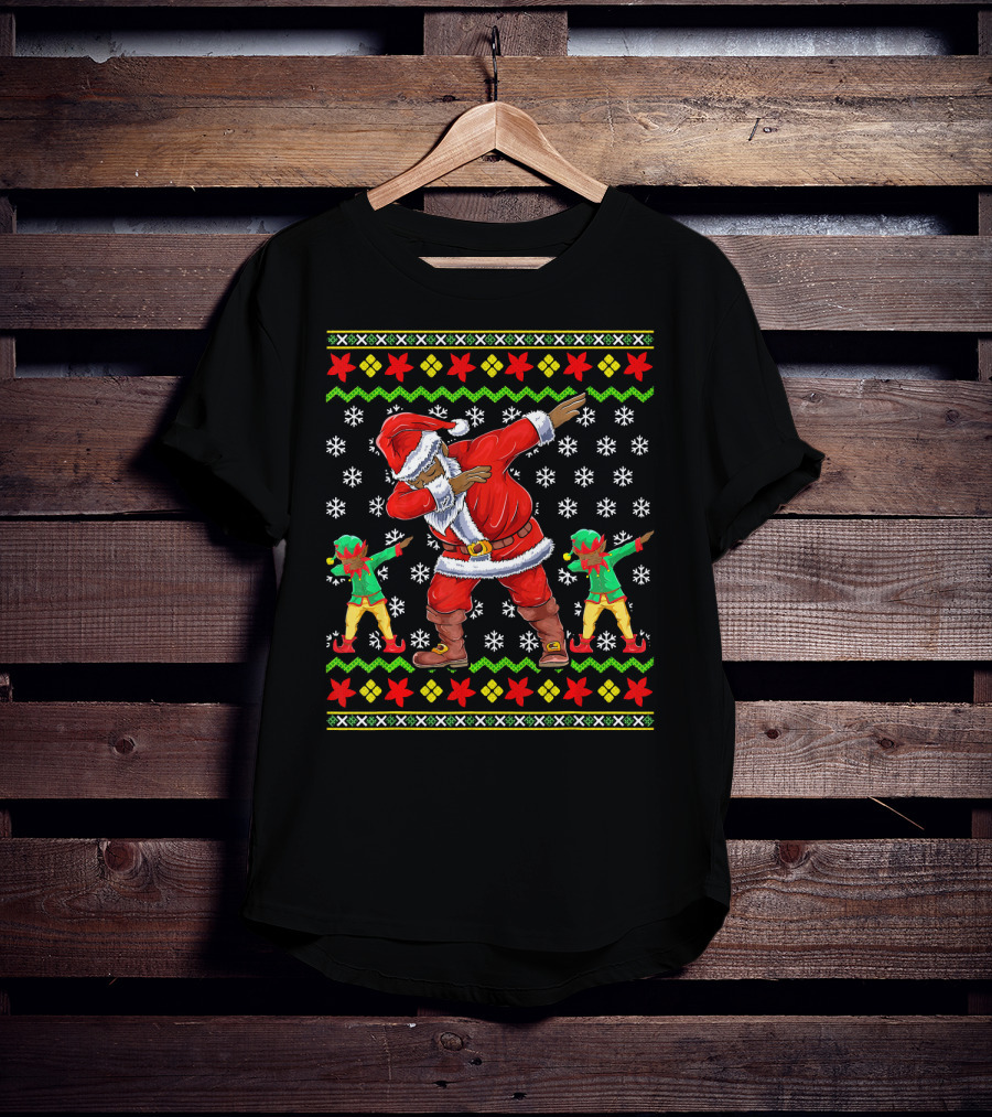 Christmas African American Dabbing Santa With Elves T-Shirt