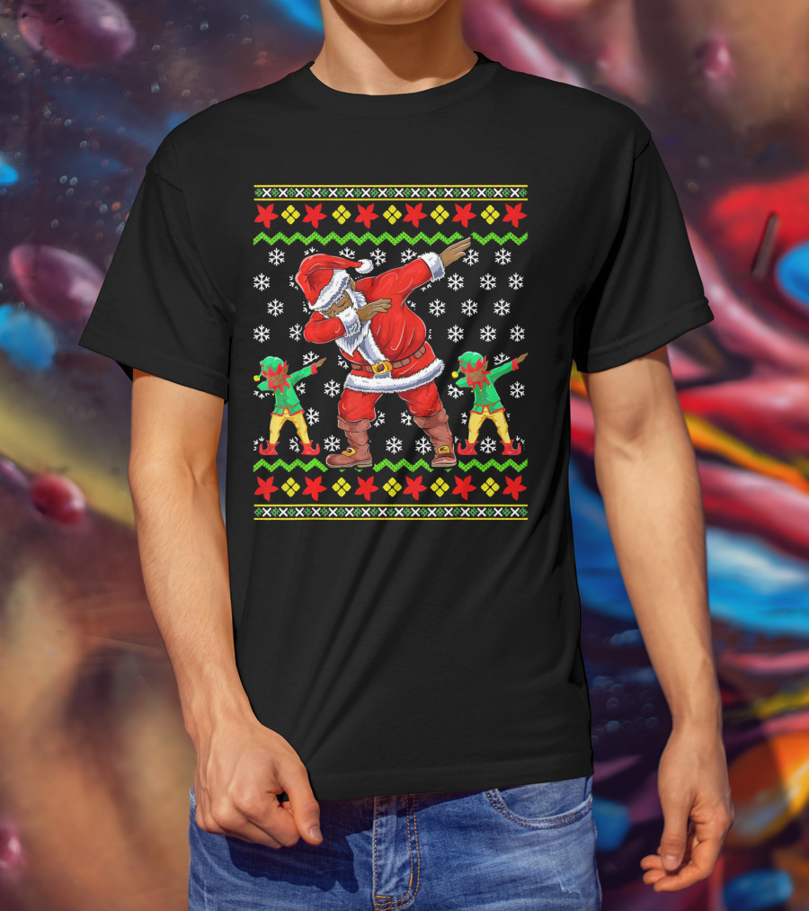Christmas African American Dabbing Santa With Elves T-Shirt