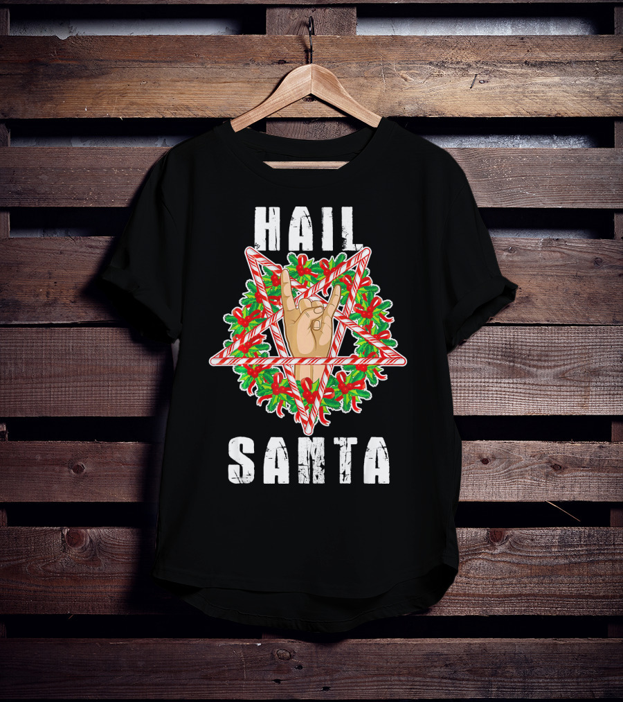 Hail Santa Candy Cane Wreath Hand Sign T-Shirt