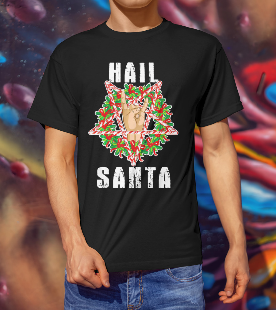 Hail Santa Candy Cane Wreath Hand Sign T-Shirt