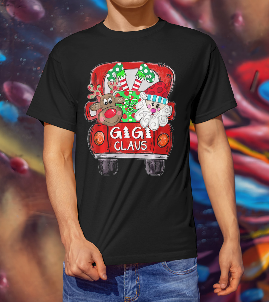 GiGi Claus Christmas Red Truck Reindeer With Gifts And Candy Canes T-Shirt