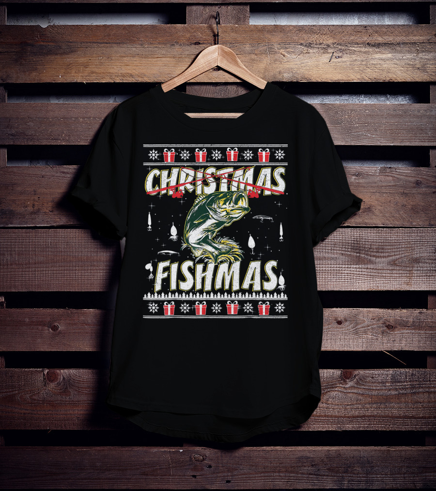 Christmas Fishmas Funny Fishing Presents Snowflakes T-Shirt