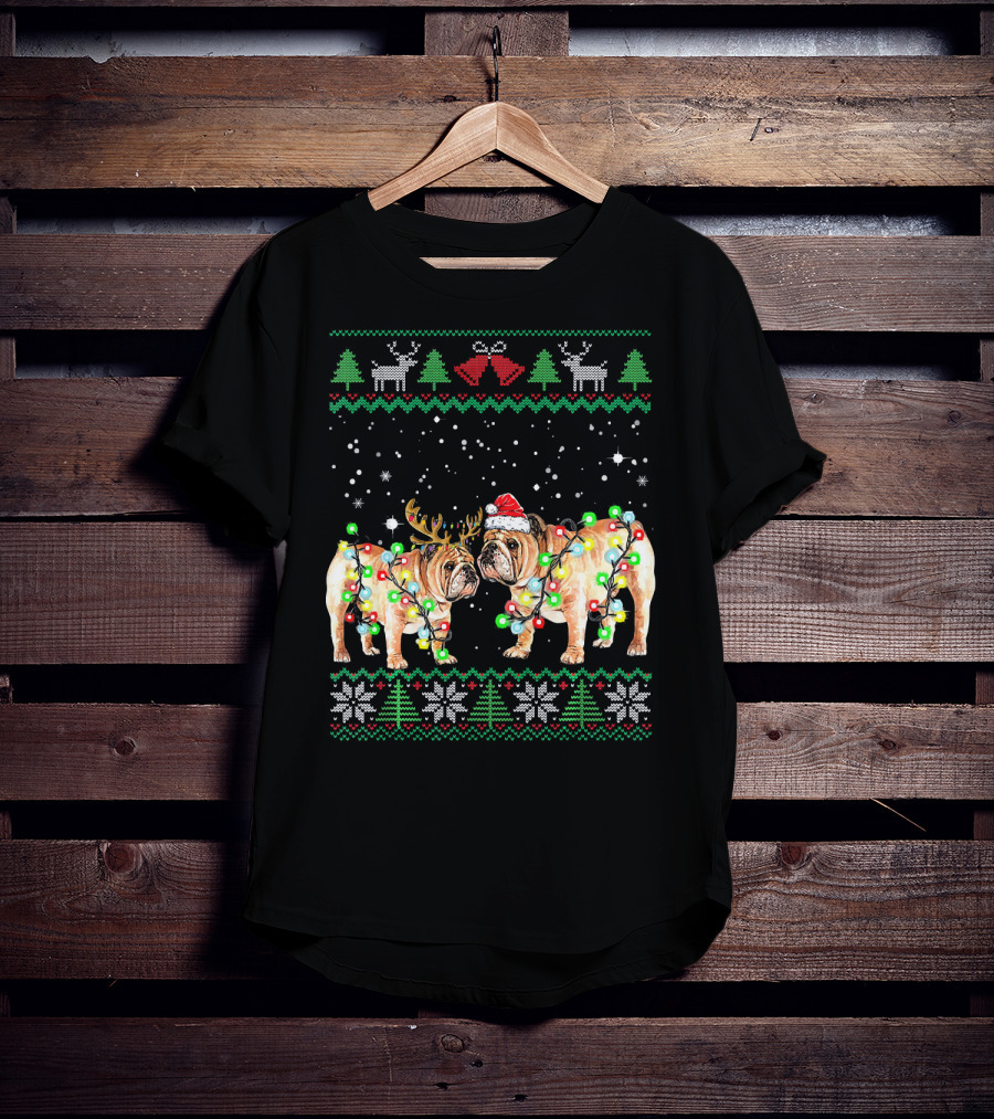 Bulldog Ugly Christmas Sweater With Santa Hat And Reindeer Antlers T-Shirt