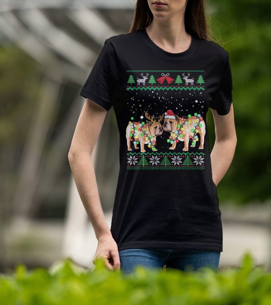 Bulldog Ugly Christmas Sweater With Santa Hat And Reindeer Antlers T-Shirt