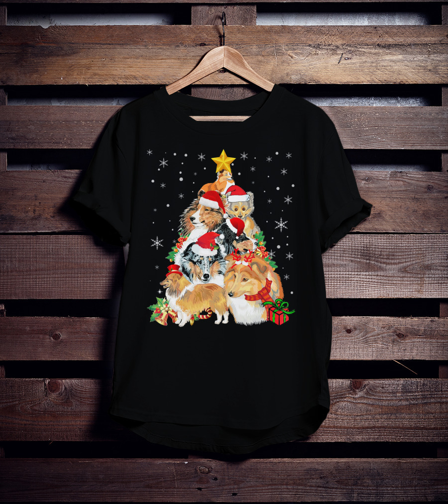 Sheltie Dogs In Santa Hats Forming Christmas Tree With Stars And Gifts T-Shirt