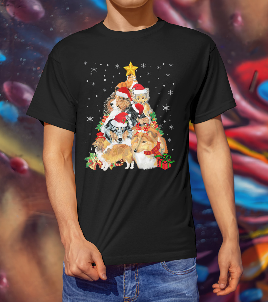 Sheltie Dogs In Santa Hats Forming Christmas Tree With Stars And Gifts T-Shirt