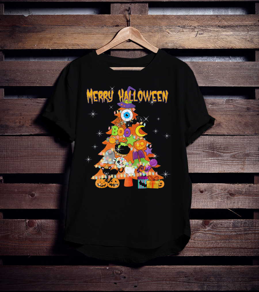 Merry Halloween Tree With Cute Boo Decorations And Spooky Elements T-Shirt