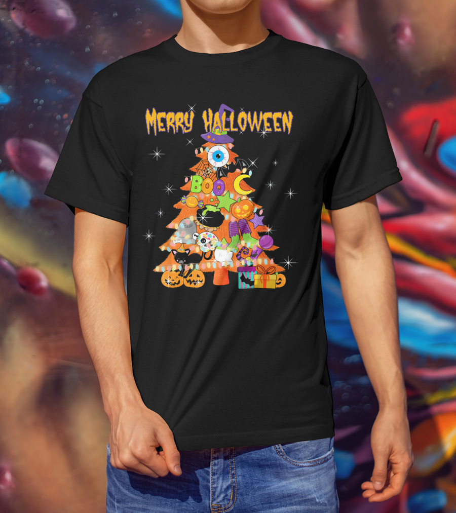 Merry Halloween Tree With Cute Boo Decorations And Spooky Elements T-Shirt