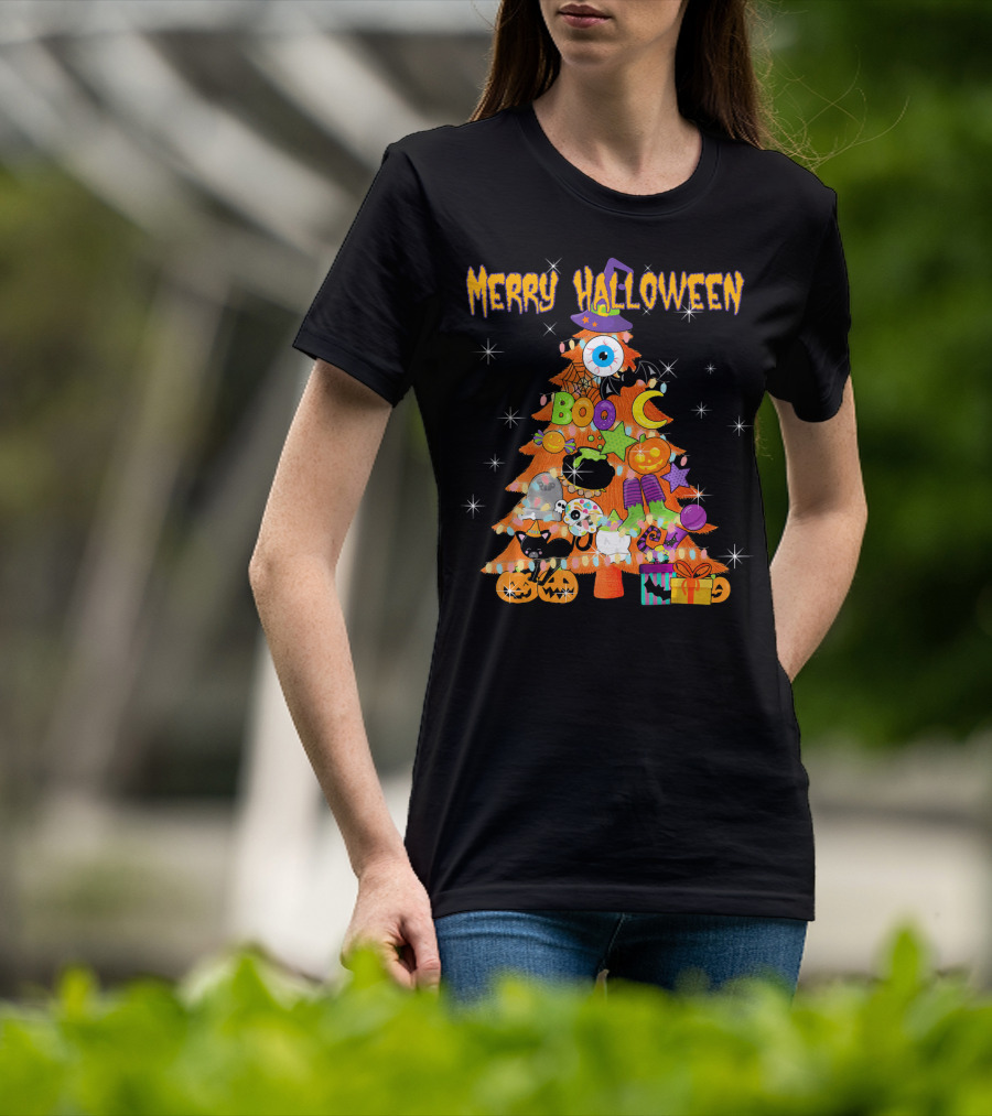 Merry Halloween Tree With Cute Boo Decorations And Spooky Elements T-Shirt