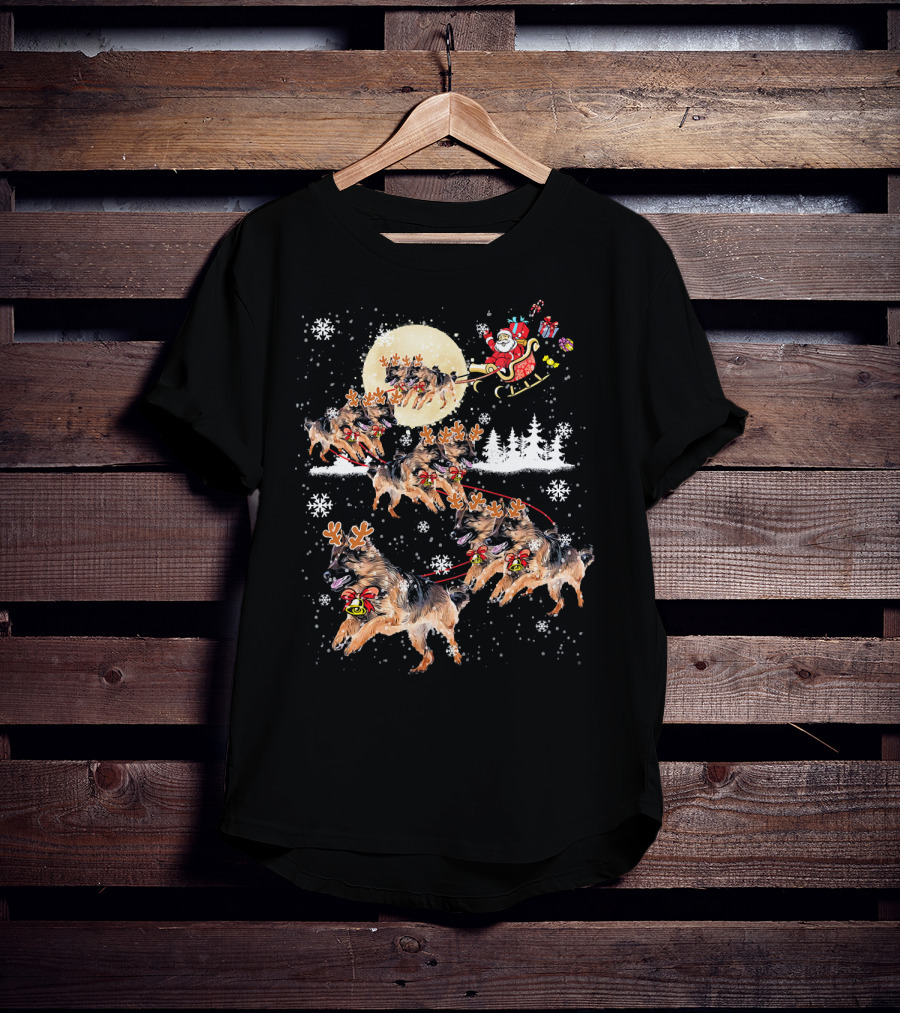 German Shepherd Dog Merry Santa Sleigh Christmas Snowflakes T-Shirt