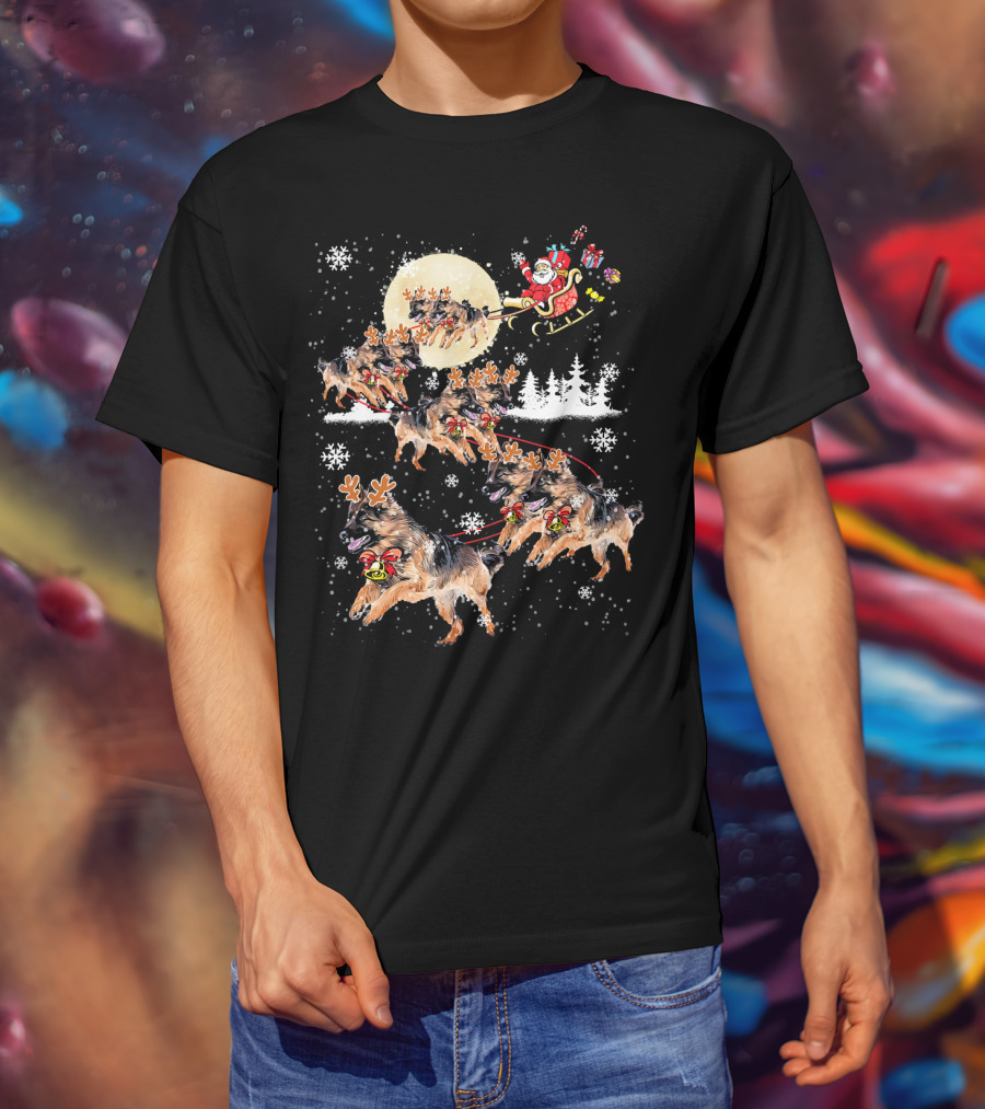German Shepherd Dog Merry Santa Sleigh Christmas Snowflakes T-Shirt