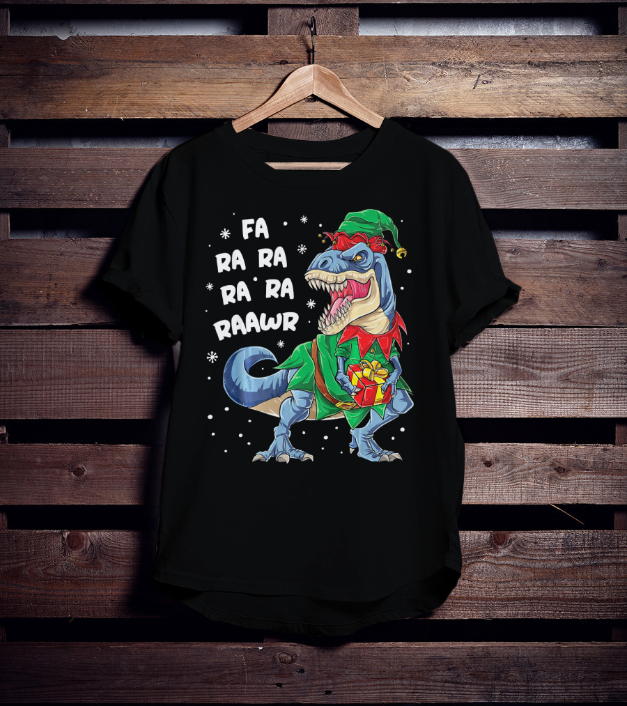 Fa Ra Ra Ra Ra Rawr Dinosaur Christmas Elf With Gift T-Shirt