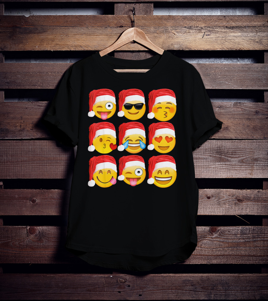 Emoji Christmas Santa Hats Heart Eyes Kiss Faces T-Shirt
