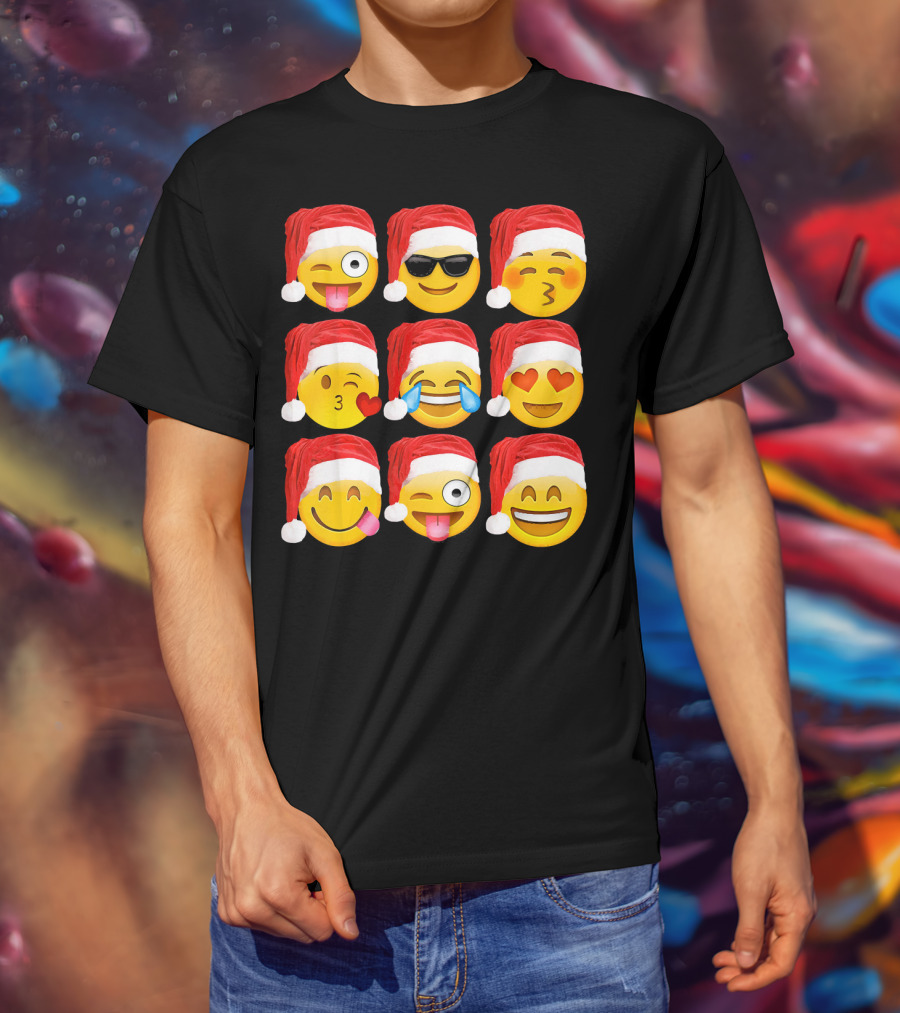 Emoji Christmas Santa Hats Heart Eyes Kiss Faces T-Shirt