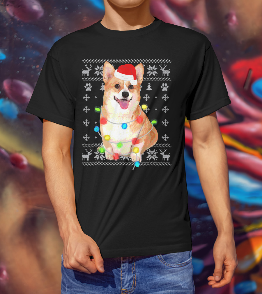 Corgi UglyStyle Christmas Lights Snowflakes Reindeer Dog T-Shirt