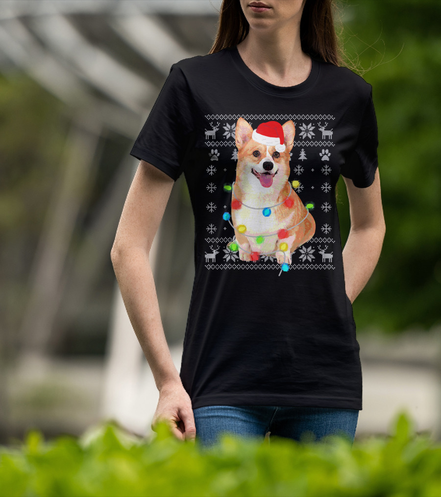 Corgi UglyStyle Christmas Lights Snowflakes Reindeer Dog T-Shirt
