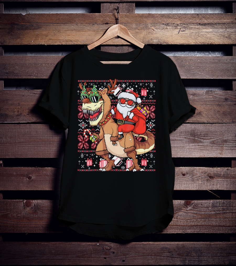 Santa Riding Trex Dinosaur Ugly Christmas T-Shirt