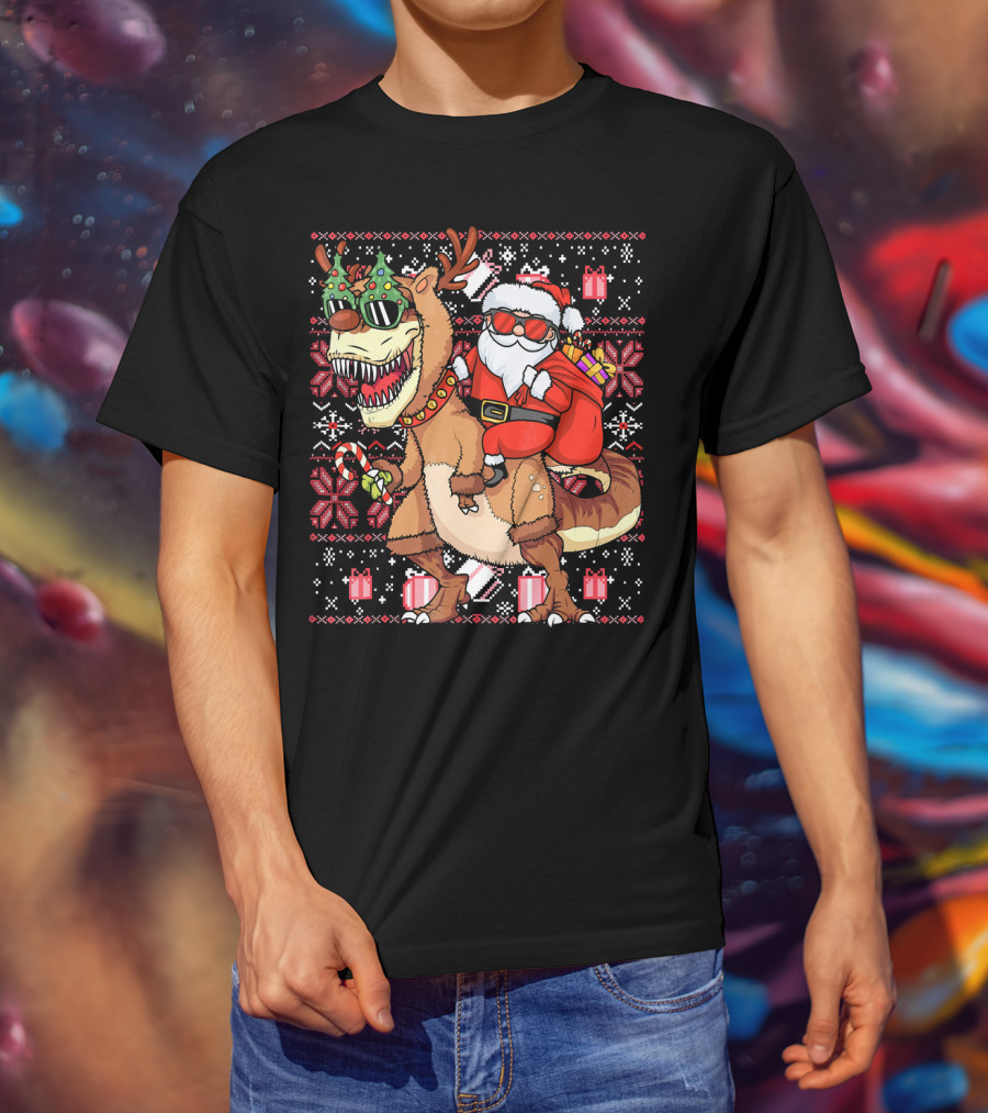 Santa Riding Trex Dinosaur Ugly Christmas T-Shirt