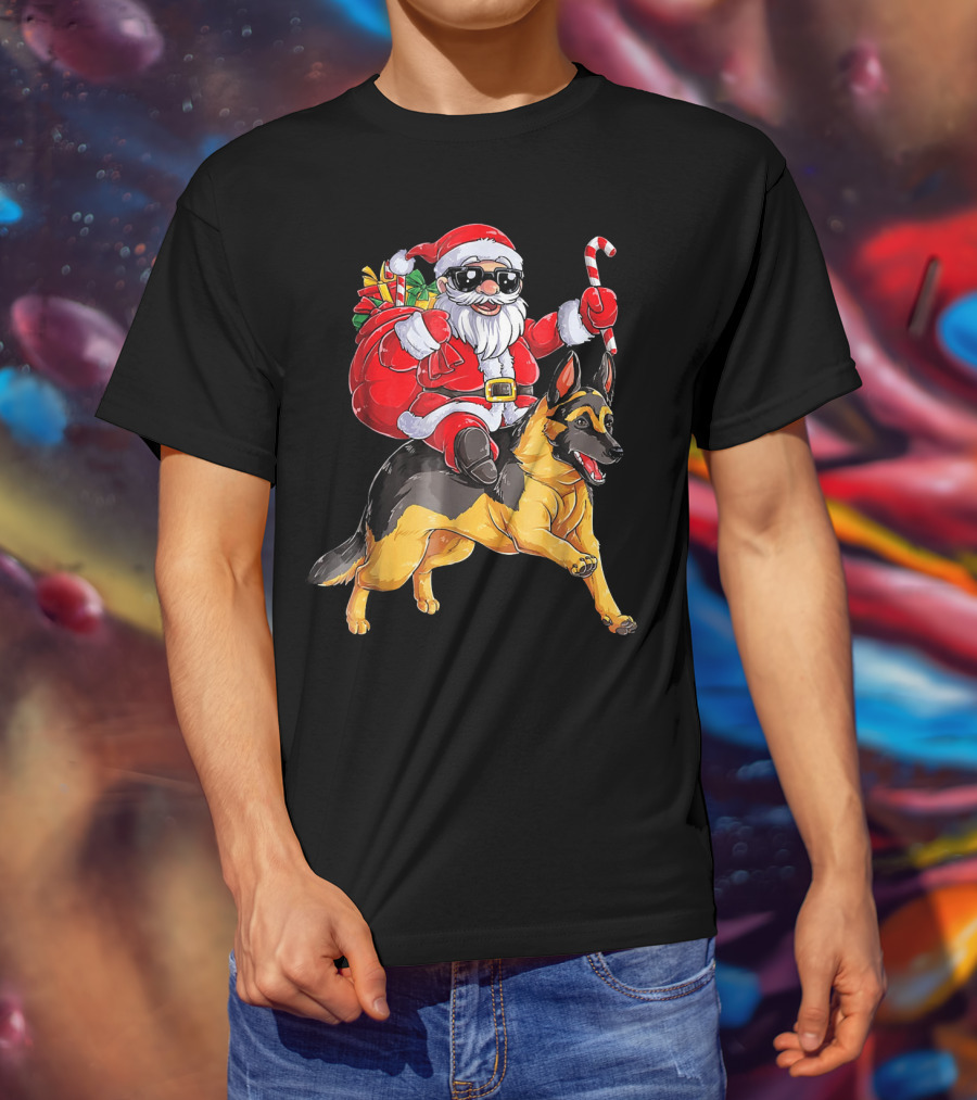 Santa Claus Riding German Shepherd With Candy Cane And Gifts T-Shirt