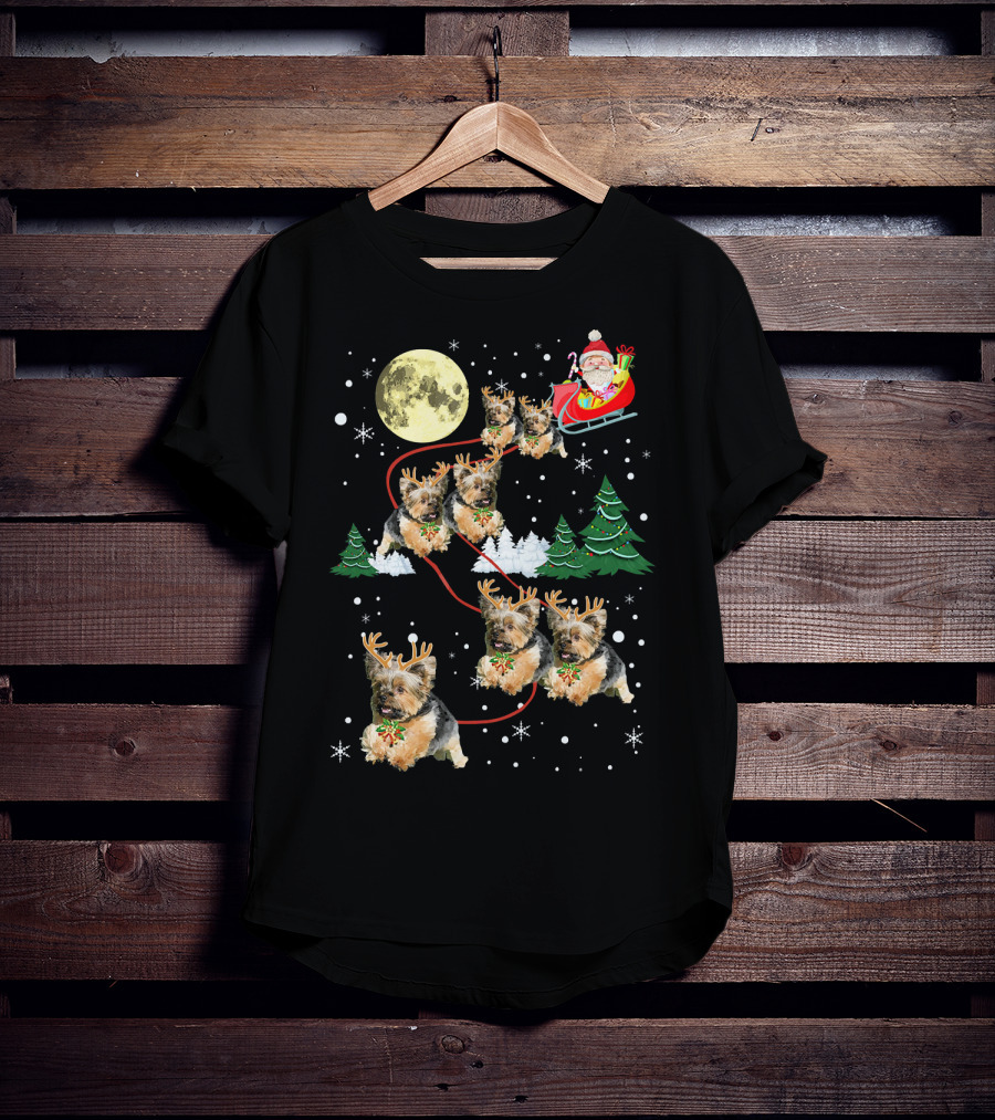 Funny Yorkie Christmas Santa Sleigh With Reindeer Puppies T-Shirt