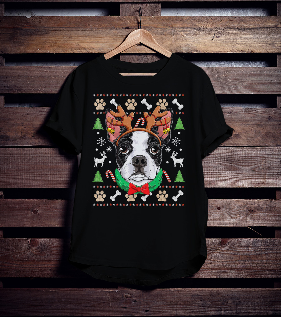 Boston Terrier Christmas Reindeer Antlers Candy Canes Snowflakes Paw Prints T-Shirt