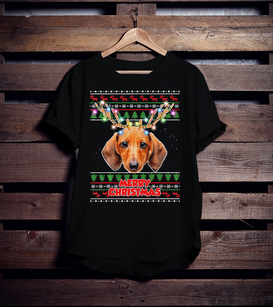 Merry Christmas Dachshund With Antler Ugly T-Shirt