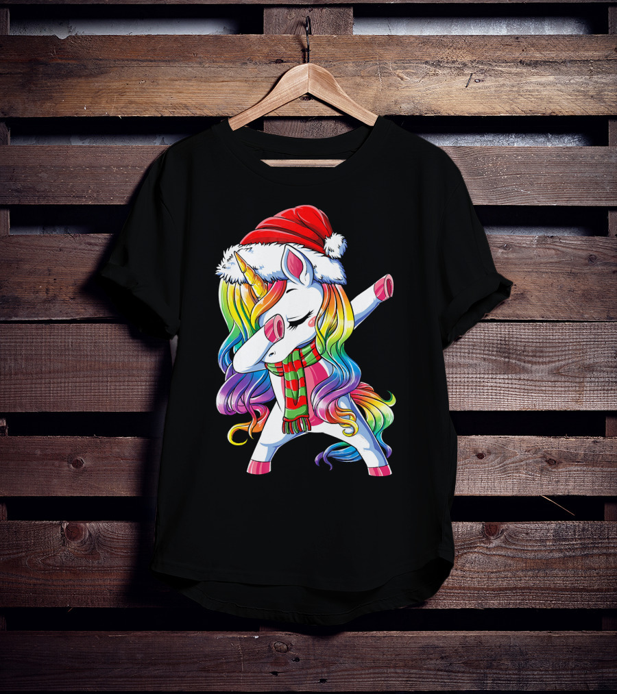 Dabbing Unicorn In Santa Hat With Rainbow Mane And Scarf For Christmas Girls T-Shirt