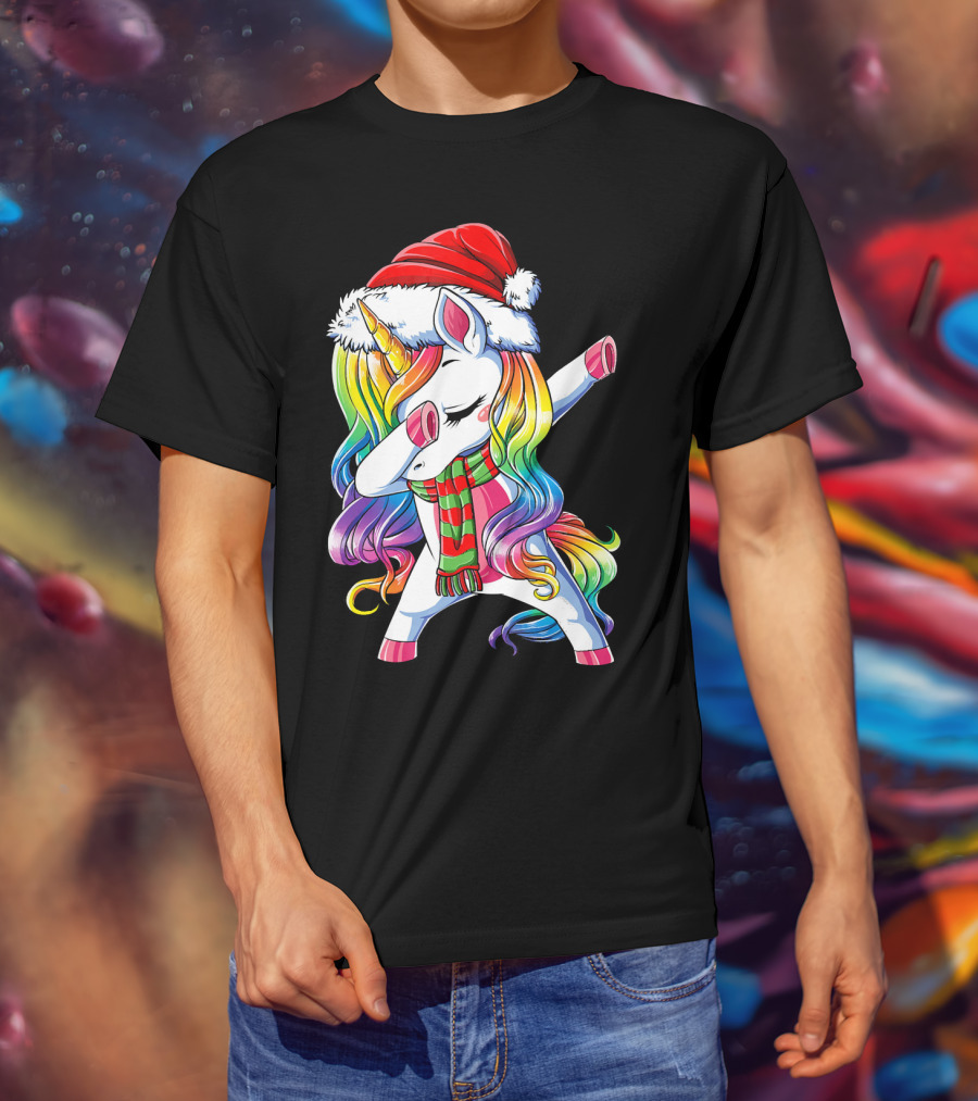 Dabbing Unicorn In Santa Hat With Rainbow Mane And Scarf For Christmas Girls T-Shirt