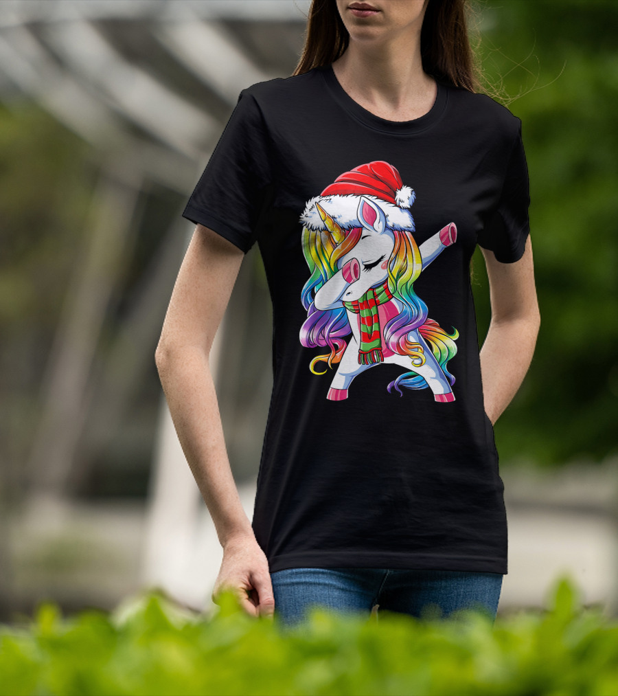 Dabbing Unicorn In Santa Hat With Rainbow Mane And Scarf For Christmas Girls T-Shirt