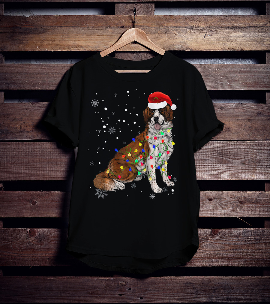 Bernard Dog Christmas Lights Santa Hat Snowflakes T-Shirt
