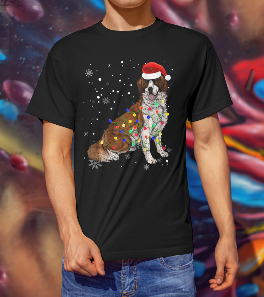 Bernard Dog Christmas Lights Santa Hat Snowflakes T-Shirt