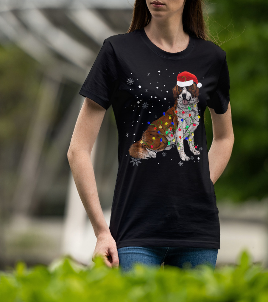 Bernard Dog Christmas Lights Santa Hat Snowflakes T-Shirt
