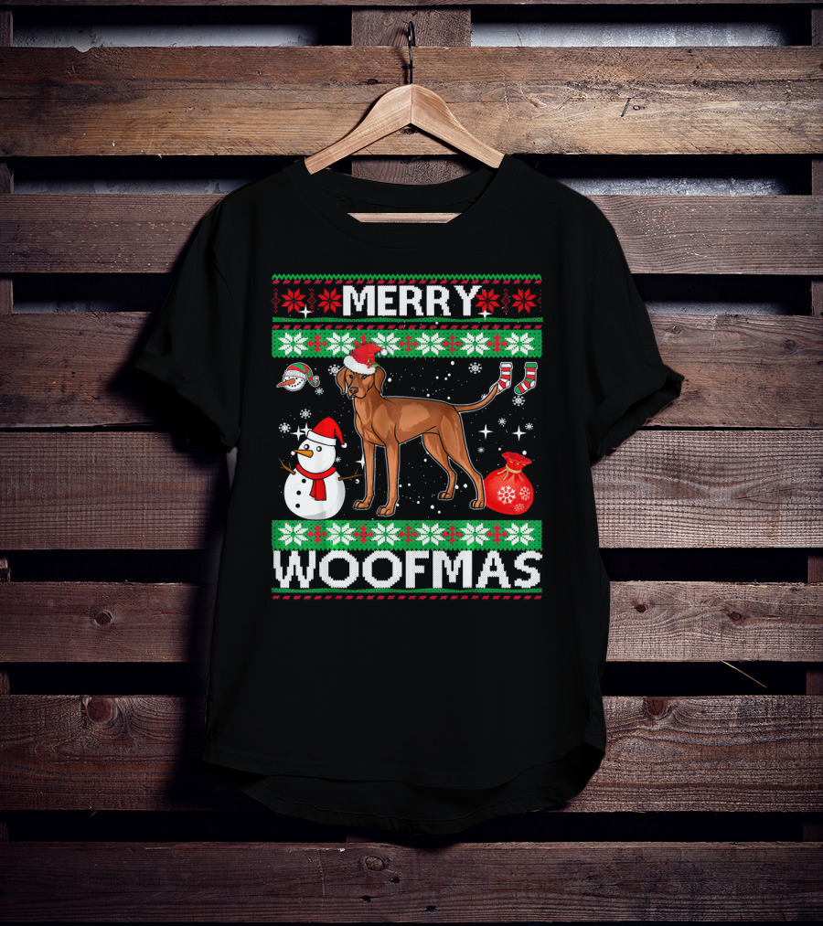 Merry Woofmas Vizsla Dog Festive Snowman Santa Hat T-Shirt