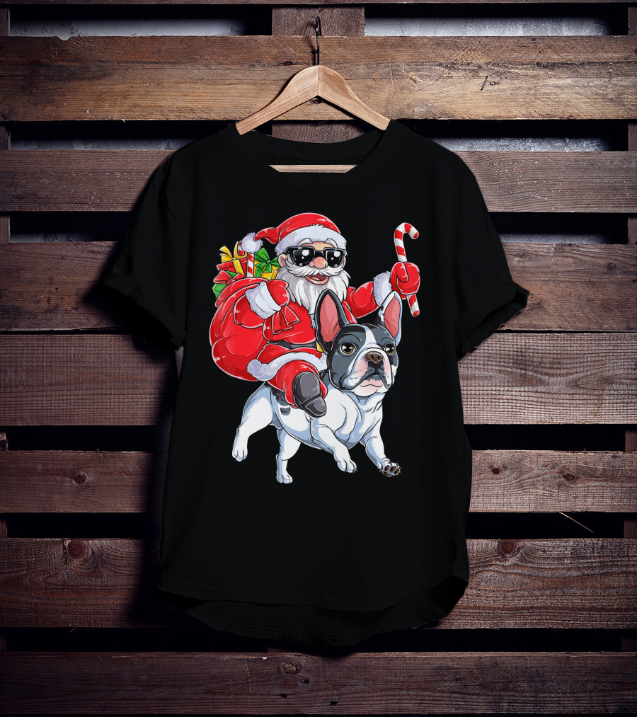French Bulldog Christmas Santa Claus Cane Sleigh T-Shirt
