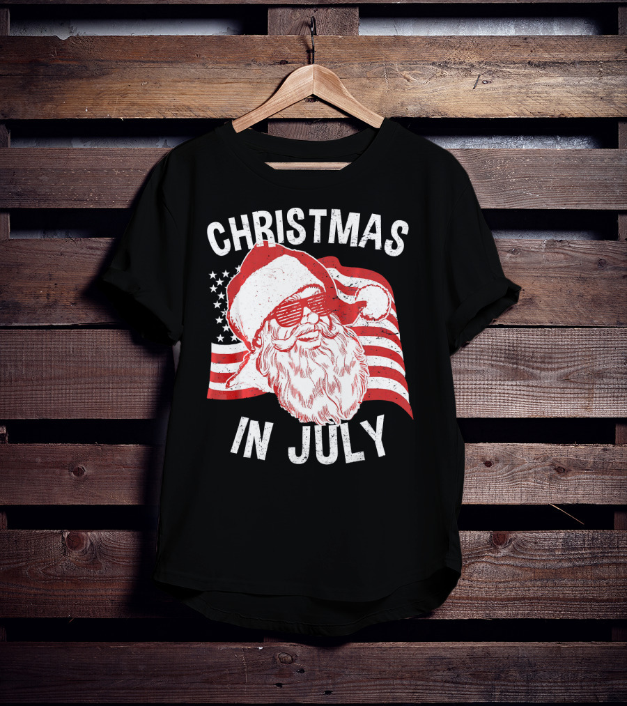 Christmas In July Retro Hipster Santa With American Flag And Shades T-Shirt