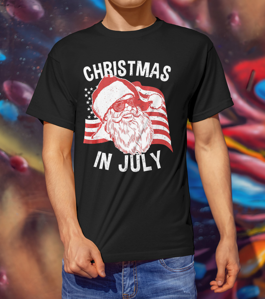 Christmas In July Retro Hipster Santa With American Flag And Shades T-Shirt