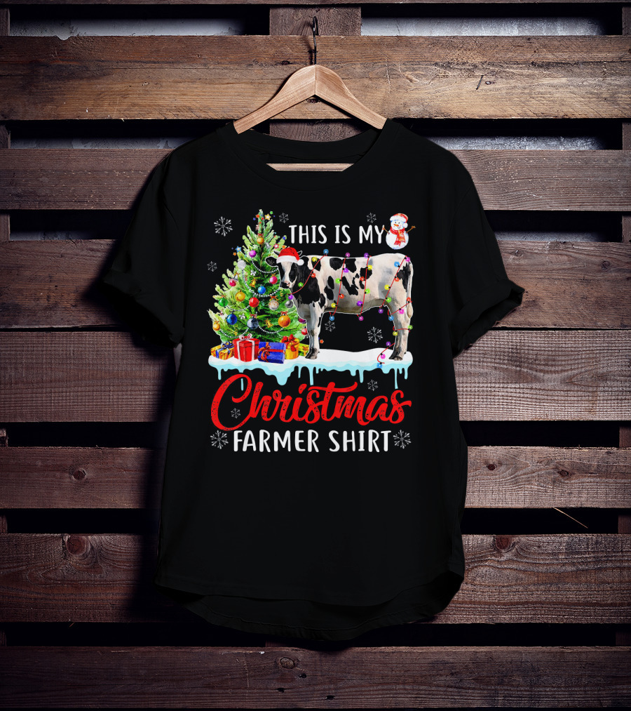 This Is My Christmas Farmer Shirt Cow Santa Hat Snowman Lights Tree T-Shirt