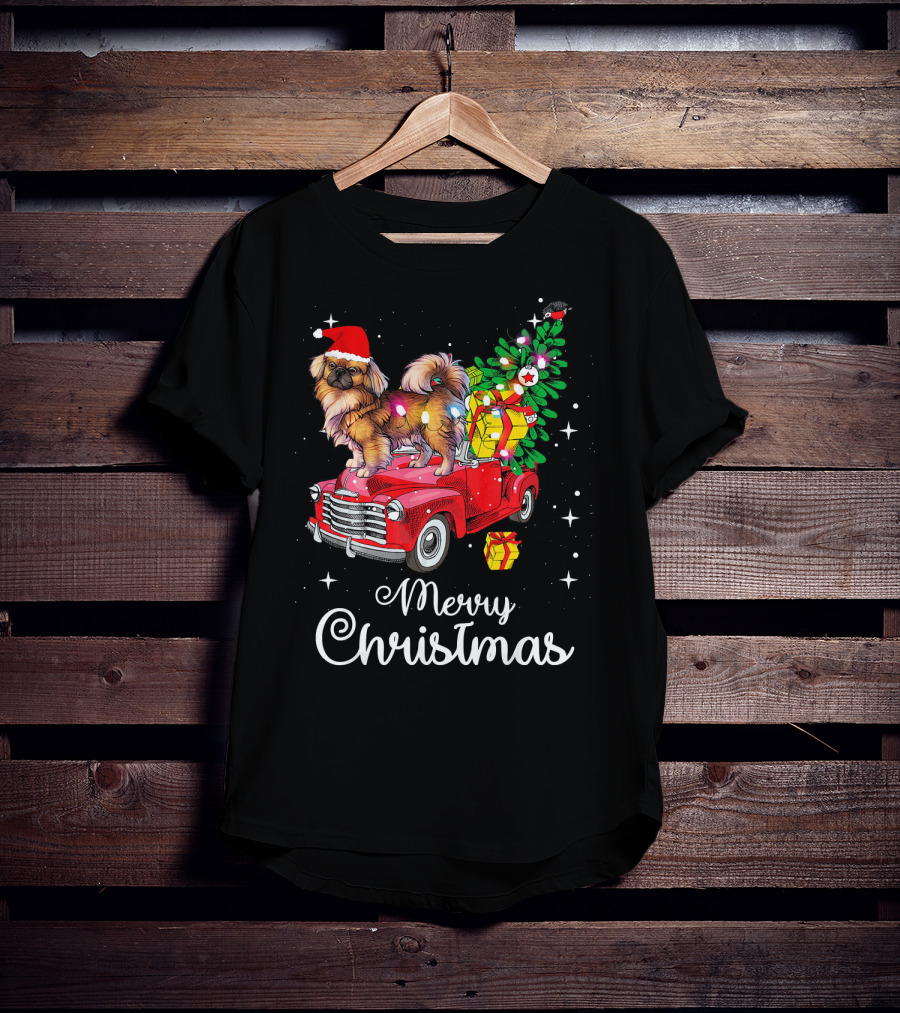 Merry Christmas Pekingese Rides Red Truck With Santa Hat And Holiday Gifts T-Shirt