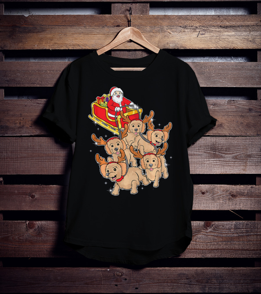 Santa Riding Sleigh With Adorable Goldendoodles As Reindeer T-Shirt
