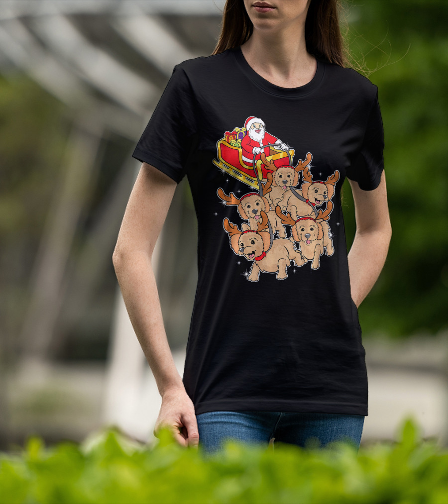 Santa Riding Sleigh With Adorable Goldendoodles As Reindeer T-Shirt