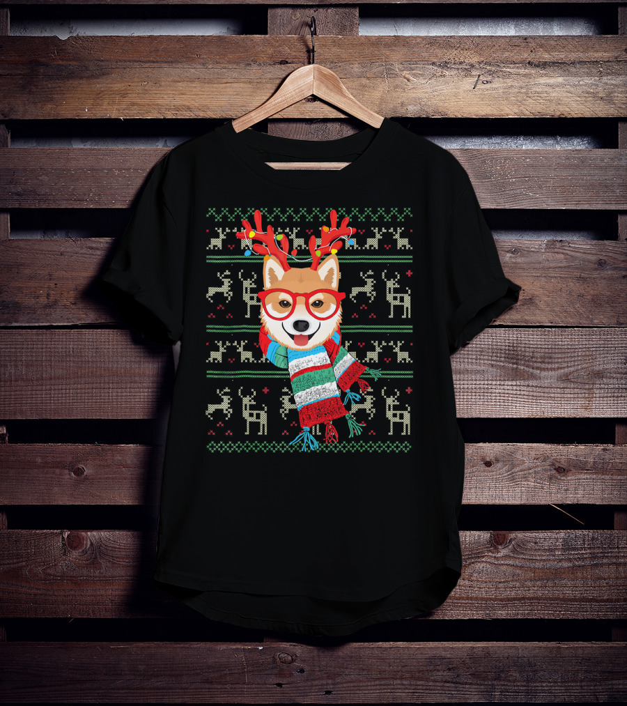Shiba Inu With Reindeer Antlers And Festive Scarf Lights T-Shirt