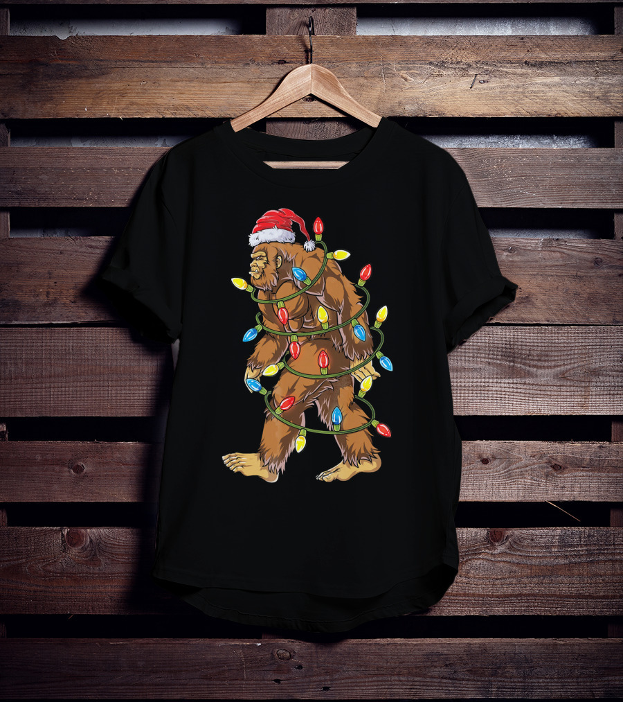 Bigfoot Santa Wrapped In Christmas Lights T-Shirt