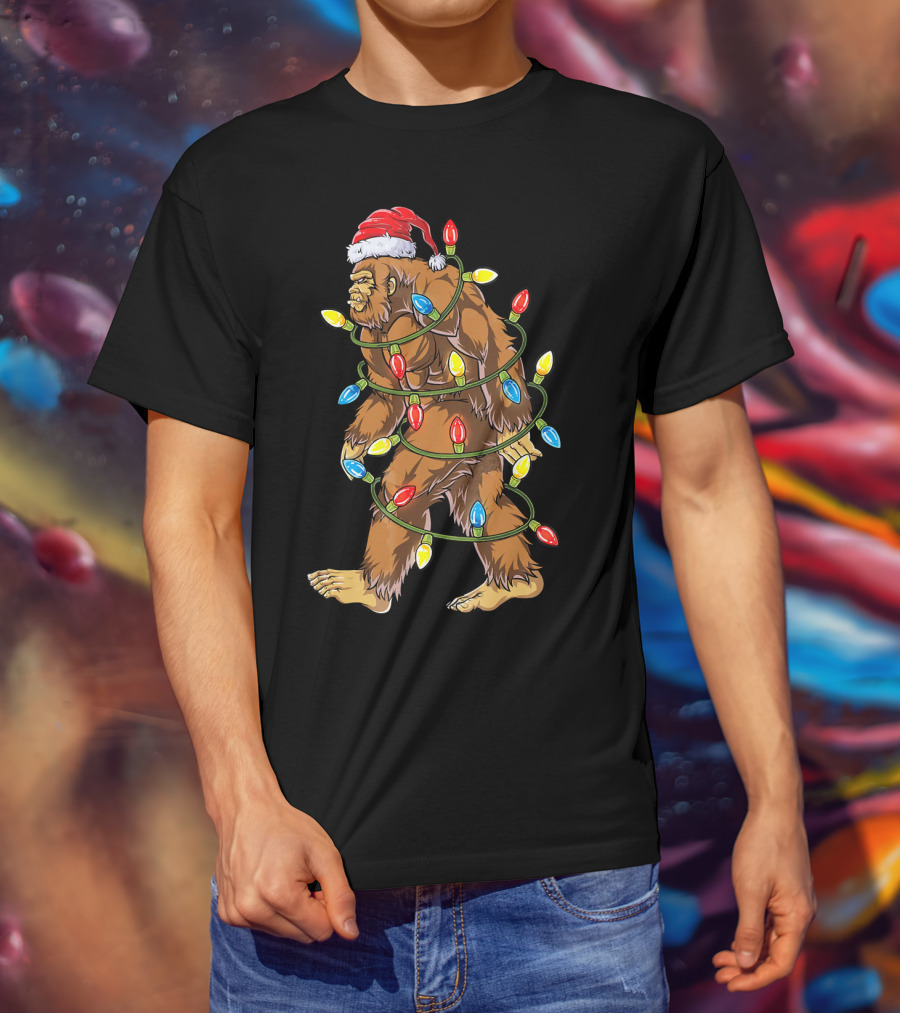 Bigfoot Santa Wrapped In Christmas Lights T-Shirt