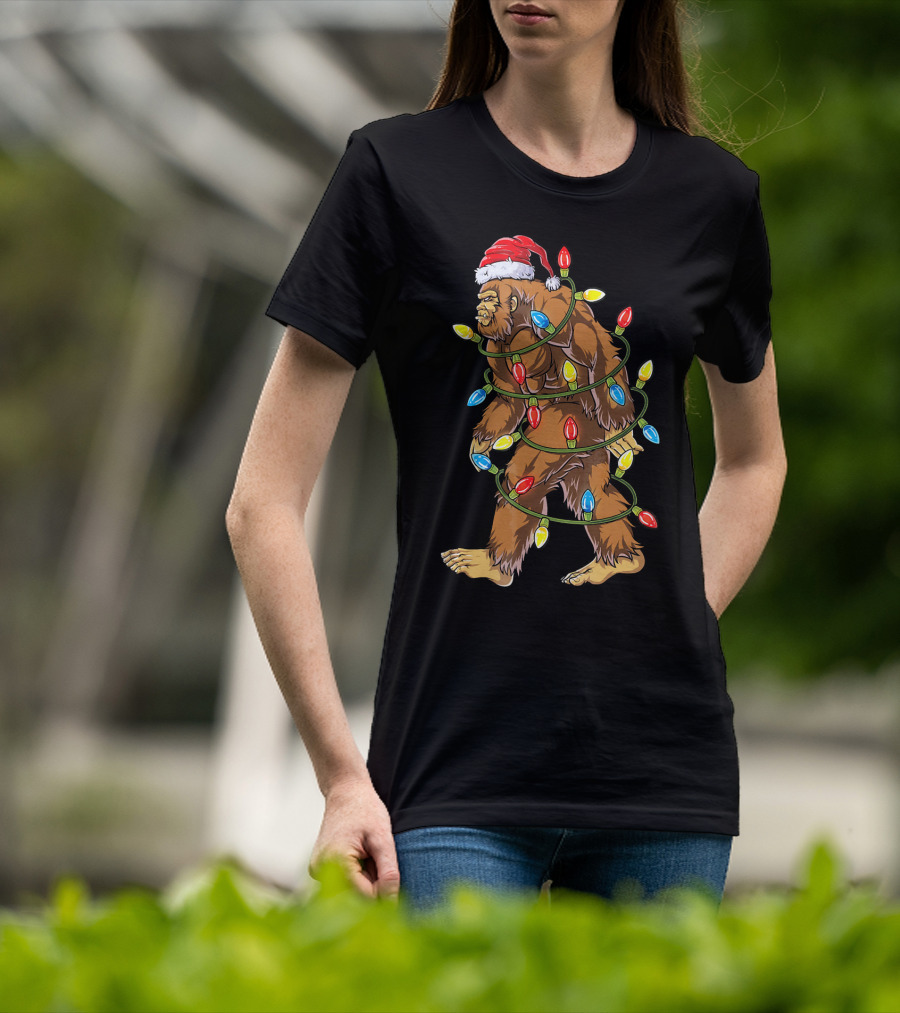 Bigfoot Santa Wrapped In Christmas Lights T-Shirt