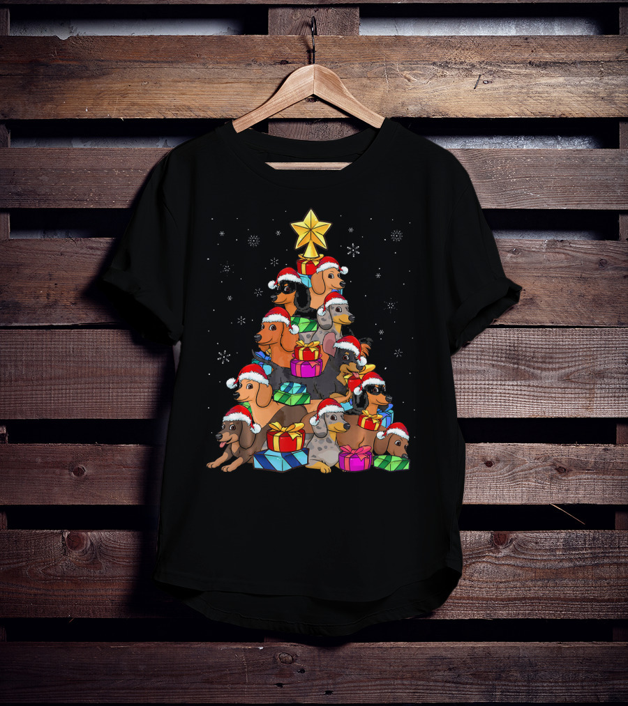 Dachshund Christmas Tree With Santa Hats And Gifts In Snowfall T-Shirt