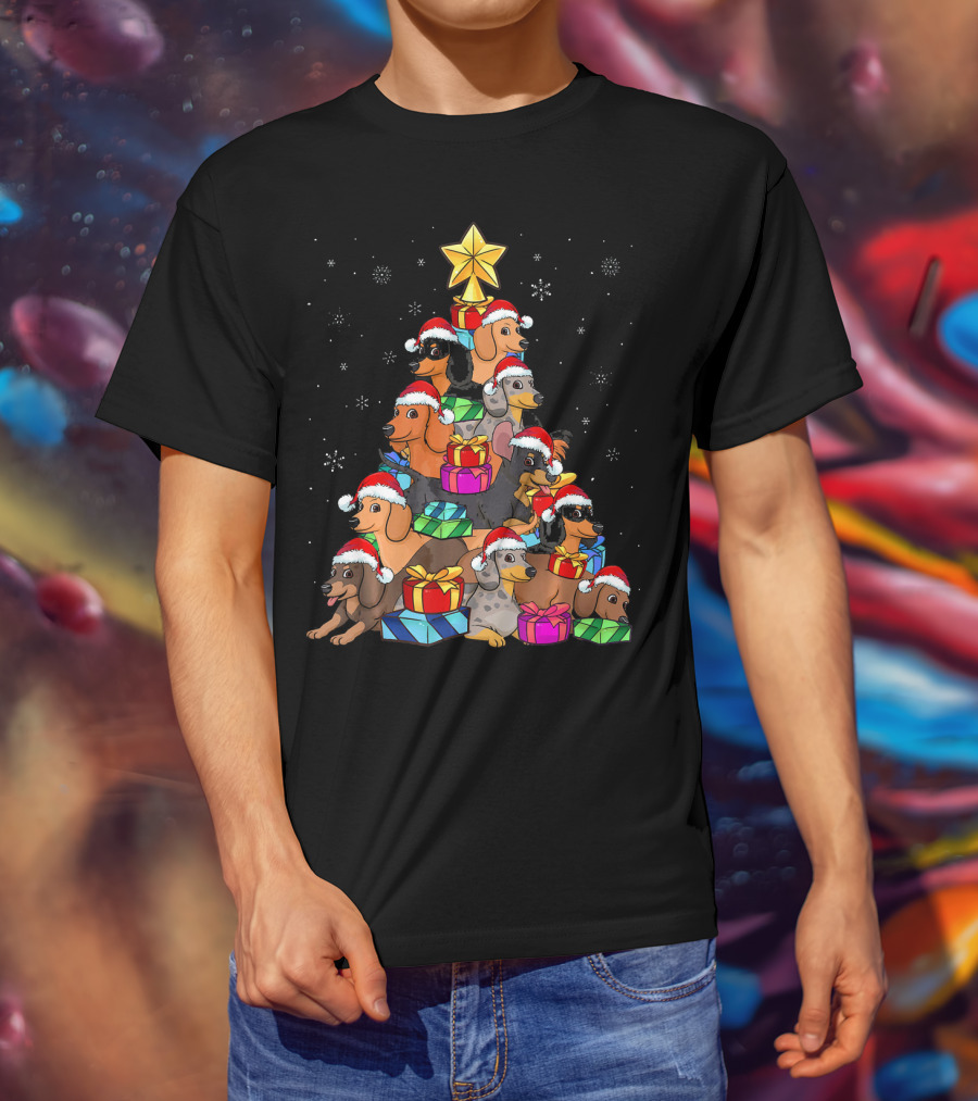 Dachshund Christmas Tree With Santa Hats And Gifts In Snowfall T-Shirt