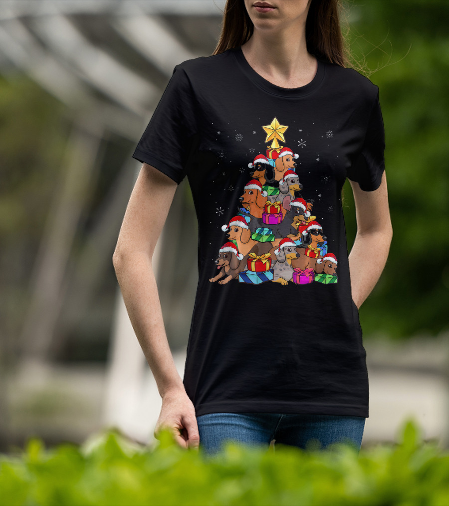 Dachshund Christmas Tree With Santa Hats And Gifts In Snowfall T-Shirt