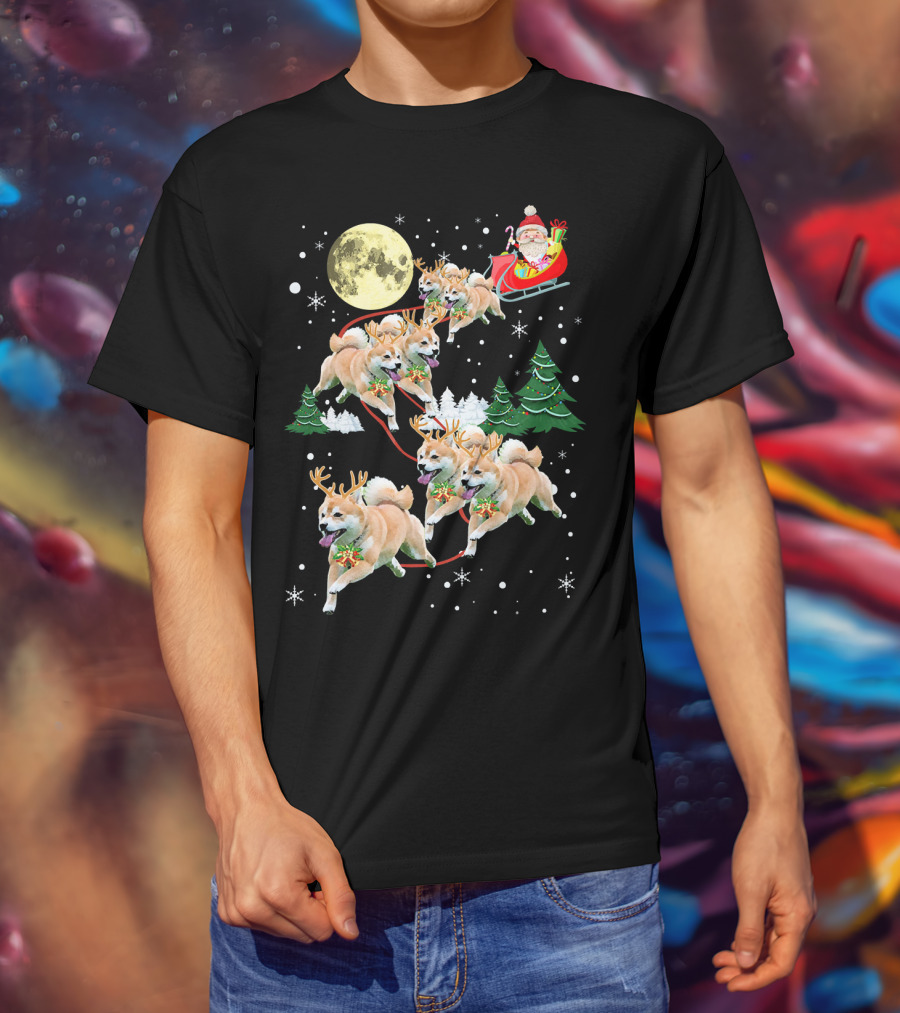 Santa's Shiba Inu Sleigh Ride Under Full Moon T-Shirt