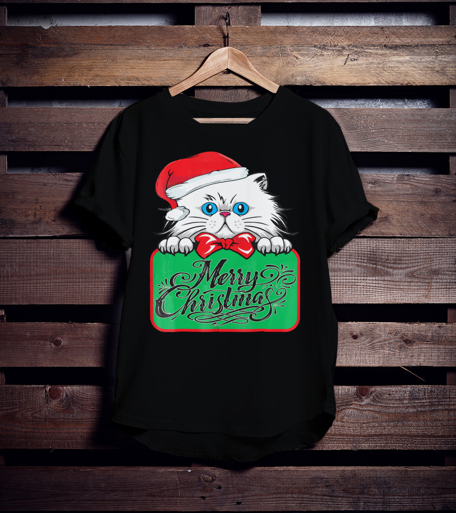 Merry Christmas Cute Cat With Santa Hat And Bow Tie T-Shirt