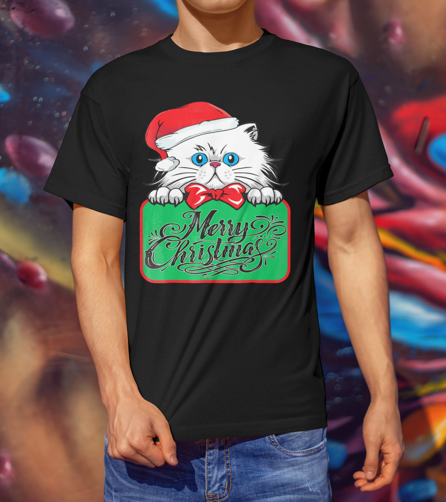 Merry Christmas Cute Cat With Santa Hat And Bow Tie T-Shirt